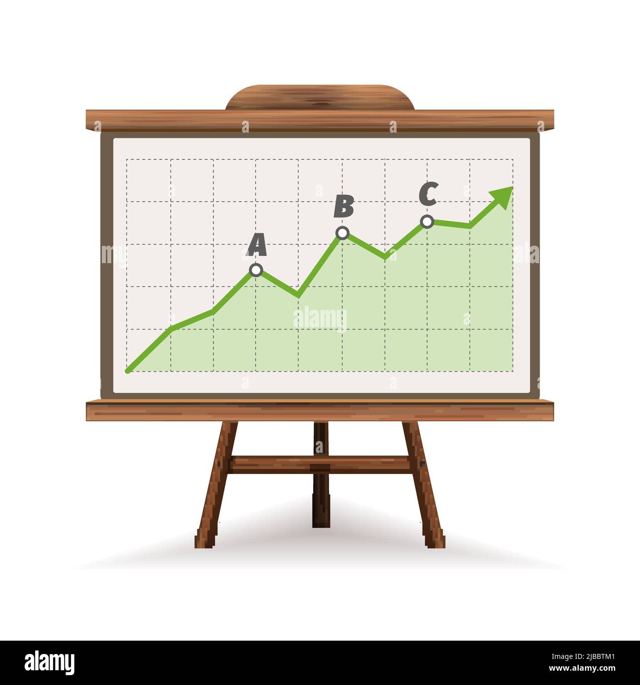 Whiteboard mit Vektorgrafik für wachsende Verkaufszahlen. Geschäftsdiagramm und Diagramm auf Holzbrett Stock Vektor