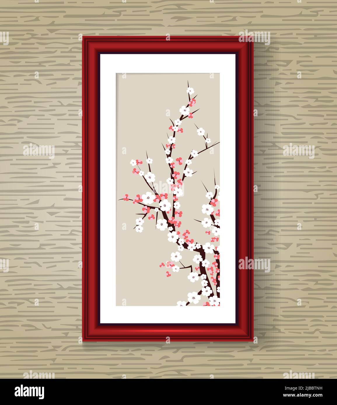 Japan Sakura Blüte Vektorgrafik. Kirschblütenbild in Holzrahmen. Sakura-Blumenzweig Stock Vektor