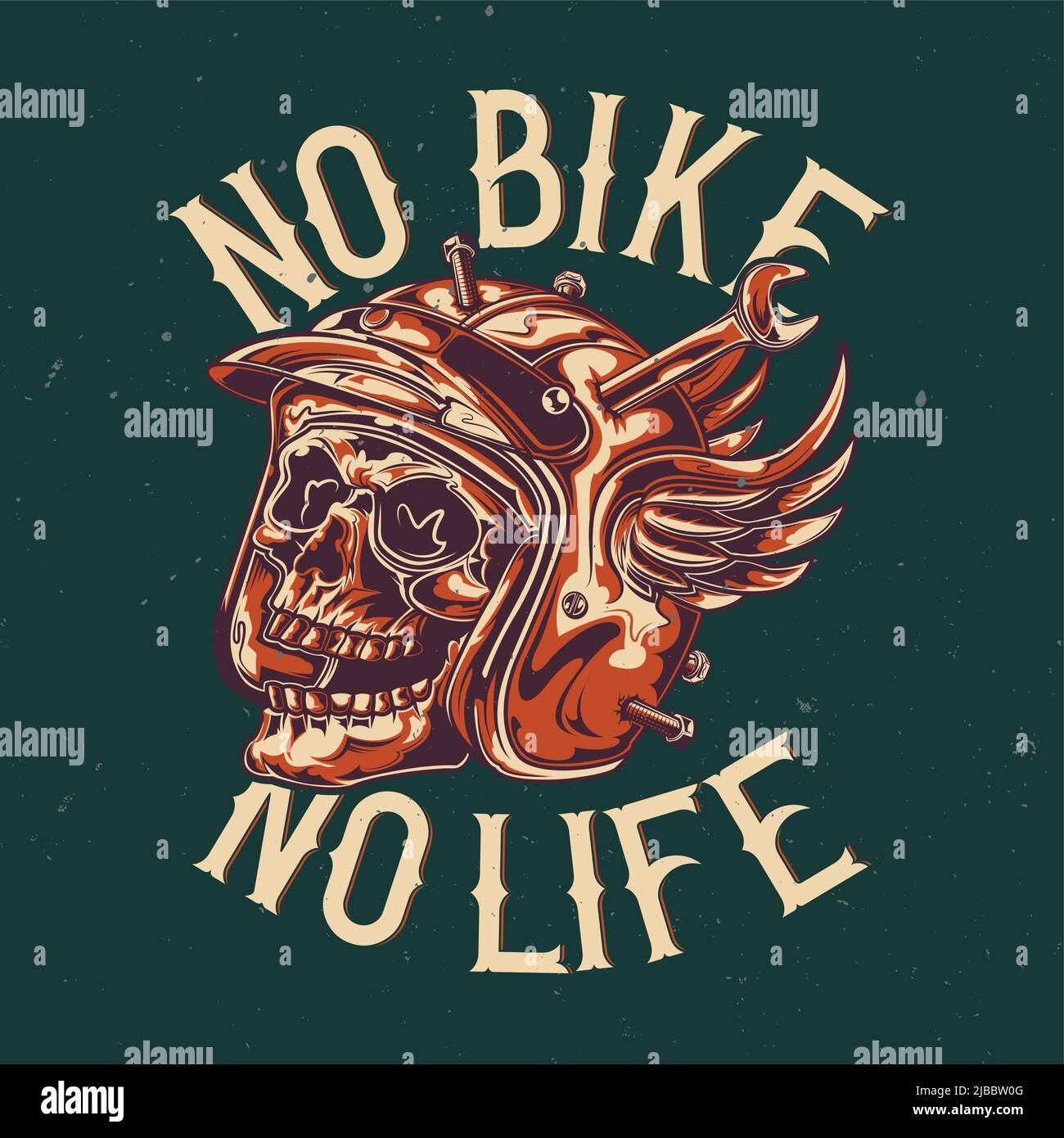 T-Shirt oder Poster-Design mit Darstellung des Schädels an beschädigten Motorradhelm Stock Vektor