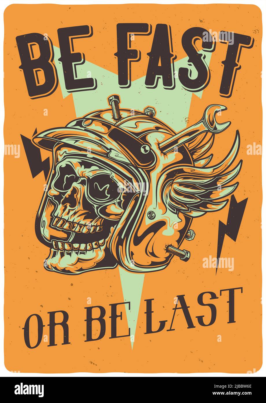 T-Shirt oder Poster-Design mit Darstellung des Schädels an beschädigten Motorradhelm Stock Vektor