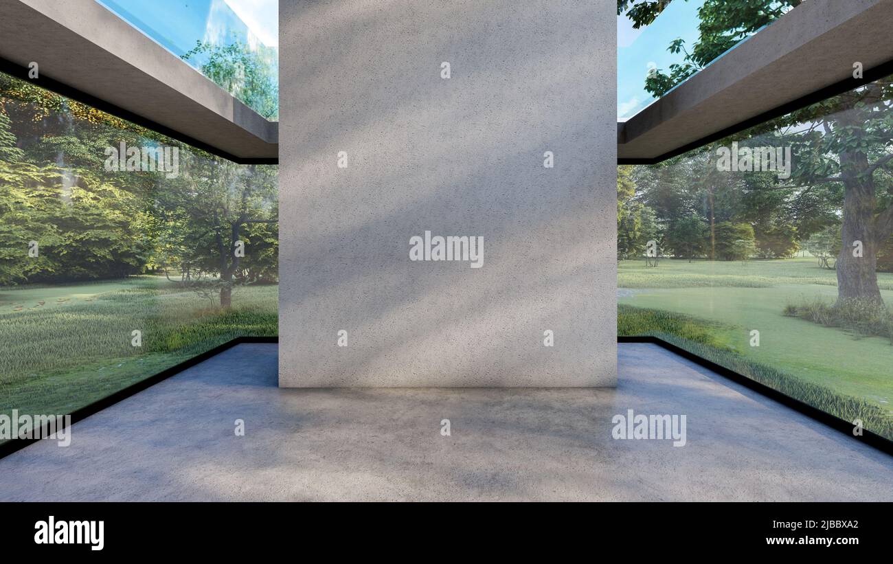 Leerer Zementsaal mit leerer Wand im Klarglas-Gebäude mit Blick auf den Garten, 3D Rendering Stockfoto