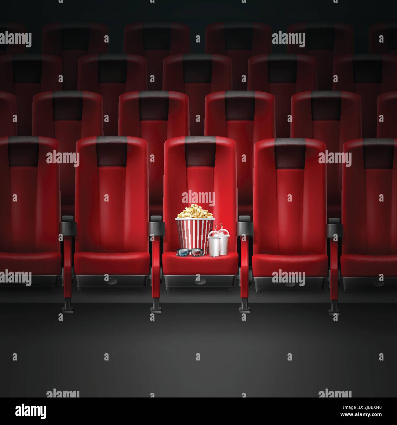 Vector Red Moderne komfortable Sitze im Kino Kino Kino mit Pocorn, 3D Gläser und zwei Getränken Stock Vektor