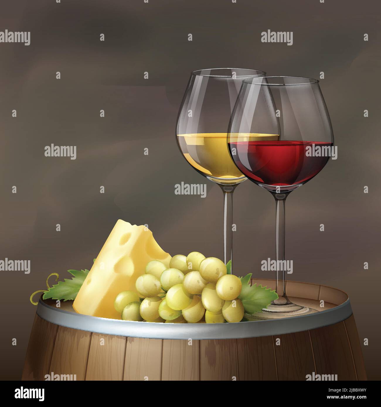 Vektorgrafik. Zwei Gläser Wein mit Käse und Trauben auf Holzfass Stock Vektor