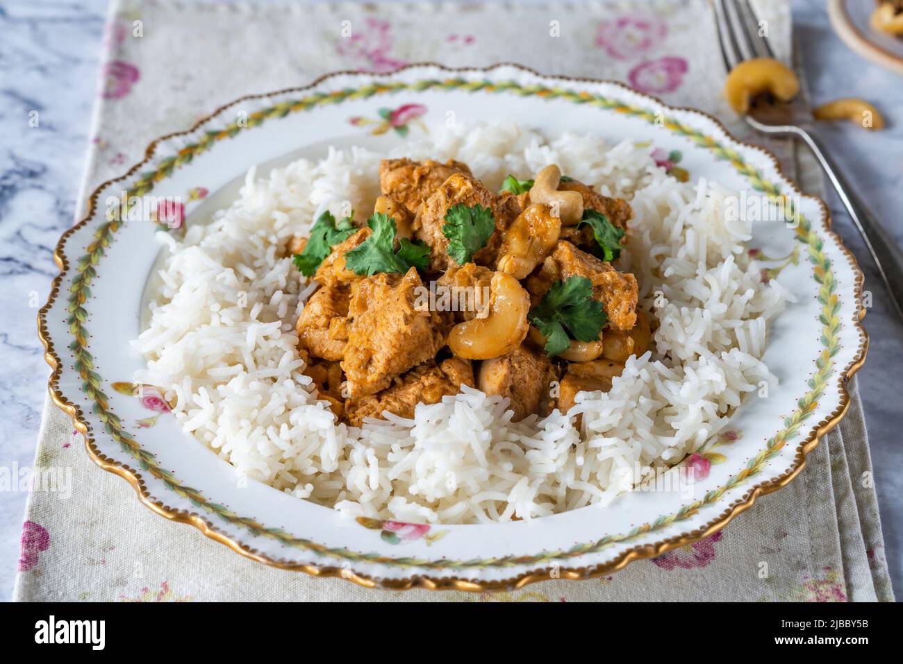 Chicken Korma-Nudeln mit Cashewnüssen und Reis Stockfoto