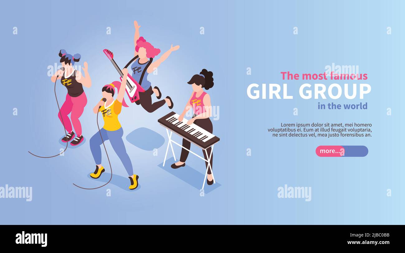 Rock Pop Band horizontale isometrische Web-Banner mit berühmten musikalischen vier Stück Mädchen Gruppe Leistung Vektor Illustration Stock Vektor