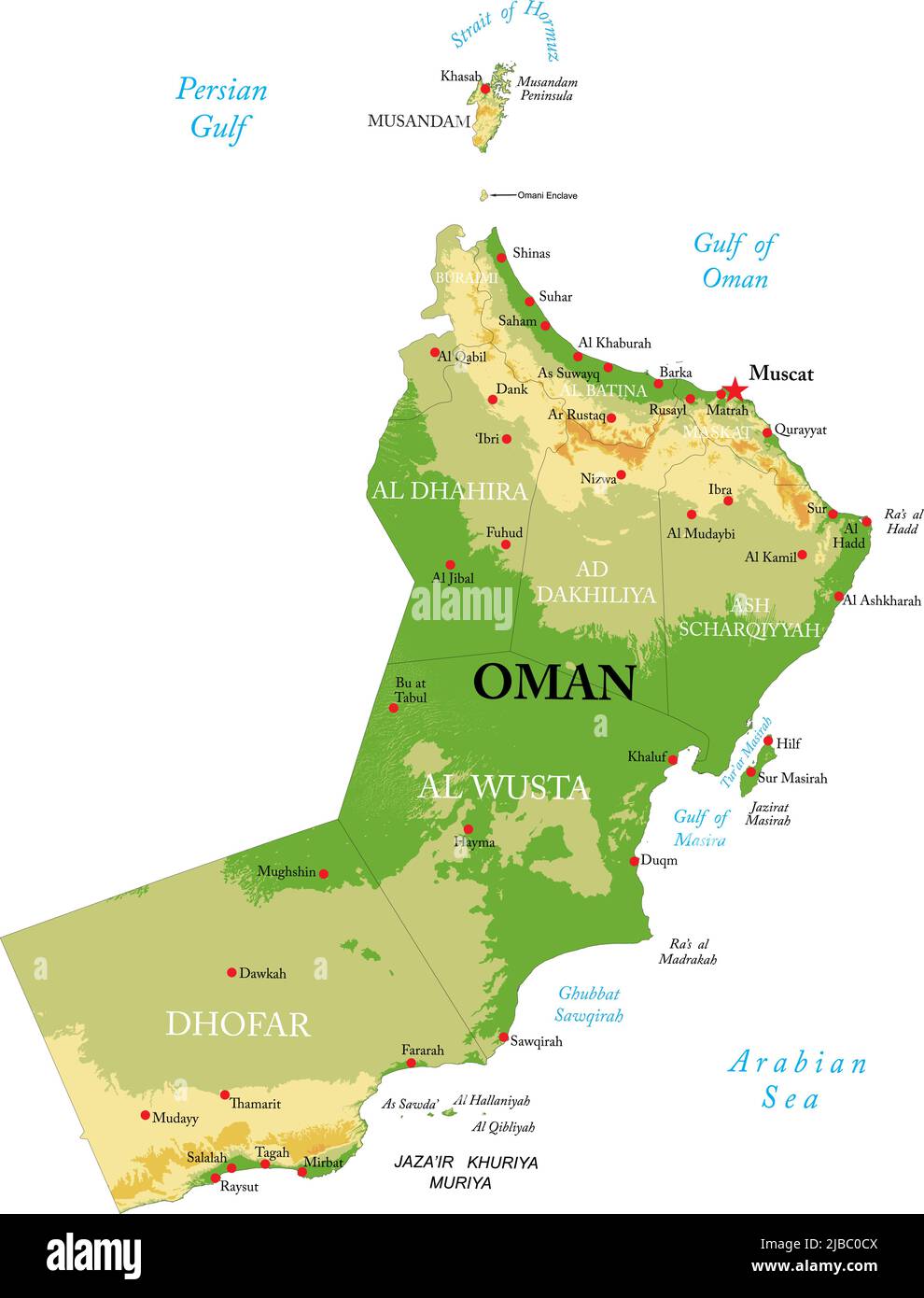 Hochdetaillierte physische Karte von Oman im Vektorformat, mit allen Reliefformen, Regionen und großen Städten. Stock Vektor