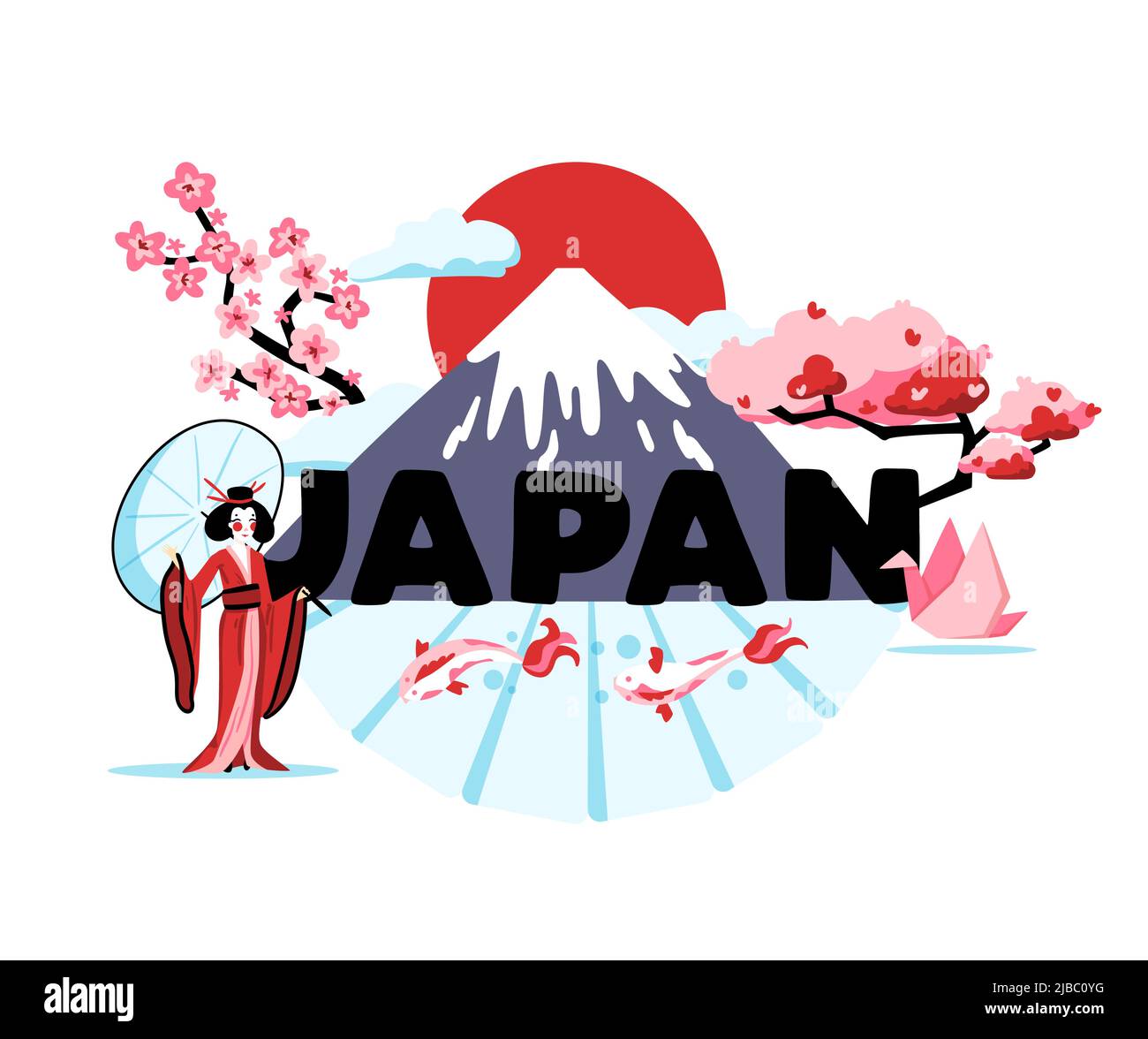 Japan Cartoon-Komposition, die nationale Kultur und Traditionen der aufgehenden Sonne Land Vektor Illustration Stock Vektor