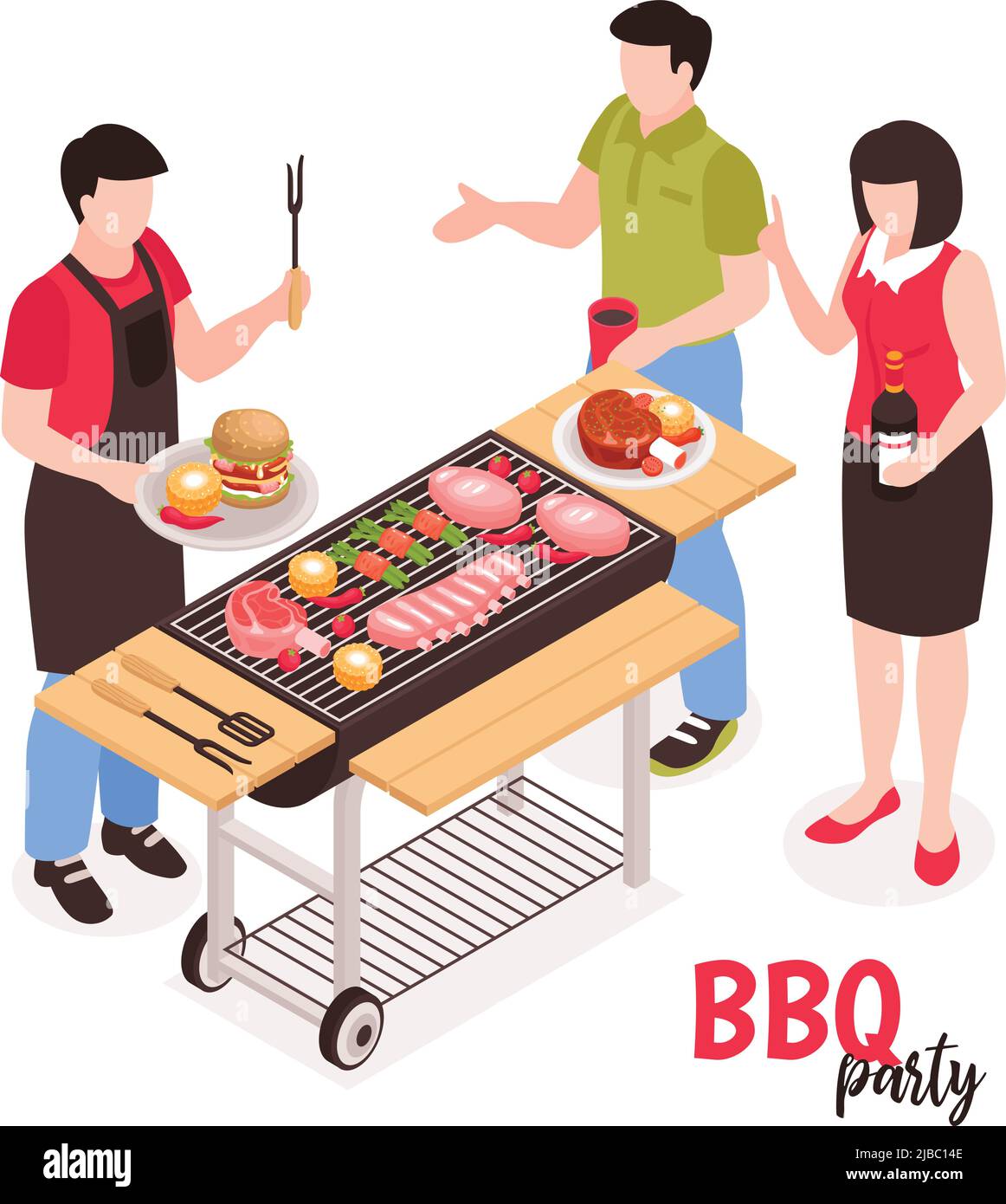 Isometrische bbq Grill Komposition mit gesichtslosen menschlichen Charakteren und Outdoor-Grill auf Wagen mit Fleisch Burger Vektor-Illustration Stock Vektor