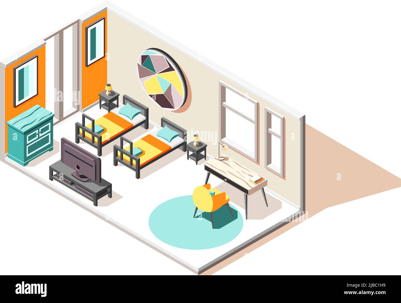 Hostel isometrische Zusammensetzung der Gästezimmer Interieur mit zwei Betten tv Brust und Couchtisch Vektor-Illustration Stock Vektor
