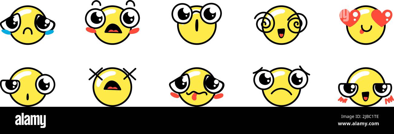 Verschiedene Cartoon Emoticons Set. Doodle Gesichter, Augen und Mund in gelbem Kreis. Karikatur Comic ausdrucksstarke Emotionen, lächelnd, weinend und überrascht char Stock Vektor