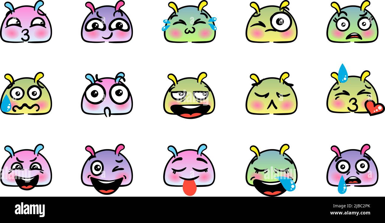 Verschiedene Cartoon Emoticons Set mit Schnecken oder Schnecken. Doodle Gesichter, Augen und Mund. Karikatur Comic ausdrucksstarke Emotionen, lächelnd, weinend und überrascht Stock Vektor