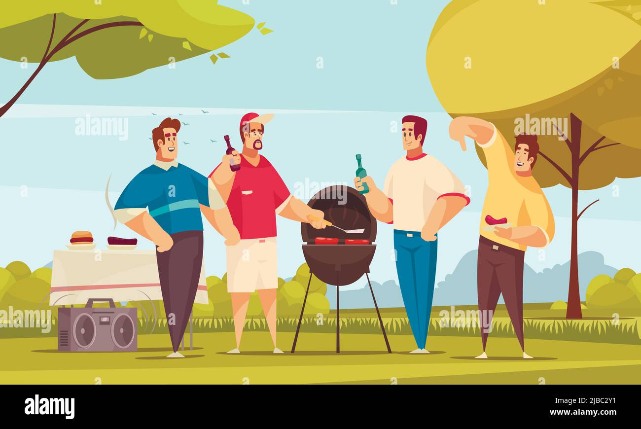 BBQ Freunde Komposition mit Outdoor-Landschaft und Doodle-Stil Charaktere Gruppe von vier Freunden essen Grill Vektor-Illustration Stock Vektor