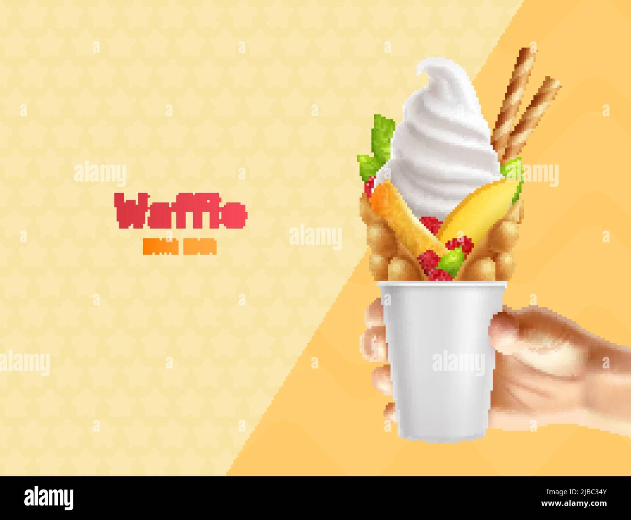 Bubble hong kong Waffel in der Hand realistische Zusammensetzung mit editierbarem Text und menschlichen Hand halten kann Vektorgrafik Stock Vektor