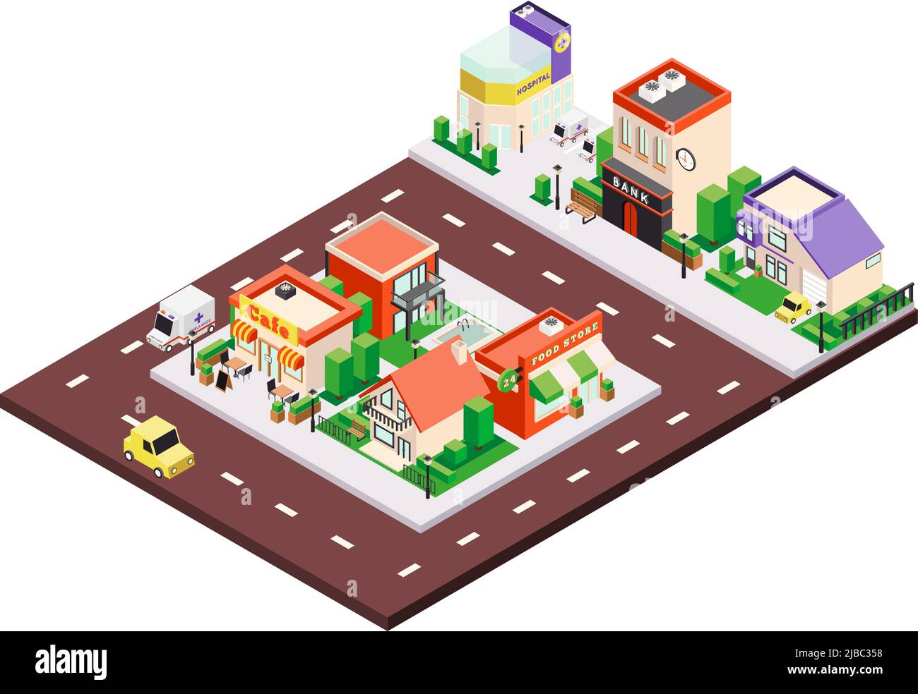 Isometrische Stadtbauten Komposition mit bunten städtischen und privaten Häusern mit Schildern und Autos auf Straße Vektor-Illustration Stock Vektor