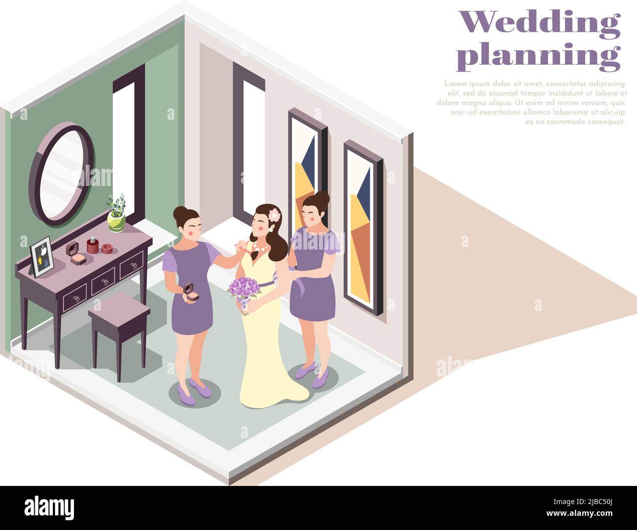 Hochzeit Planung isometrische Zusammensetzung mit weiblichen Charakteren Vorbereitung Braut für Hochzeitszeremonie Vektor-Illustration Stock Vektor
