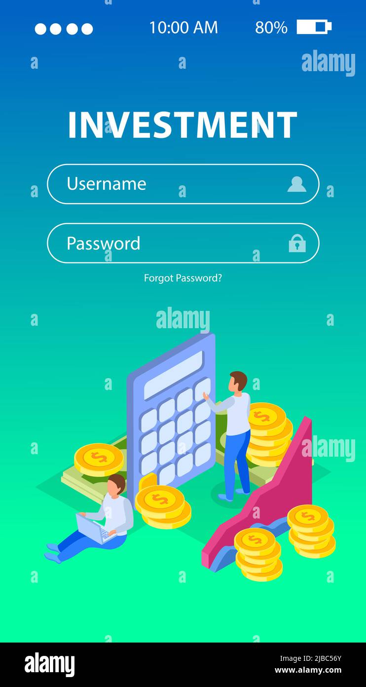 Isometrischer Hintergrund für die Autorisierungsseite mit Feldern für Benutzernamen und Passwort-Münzen-Diagramme und Personen-Vektor-Illustration Stock Vektor