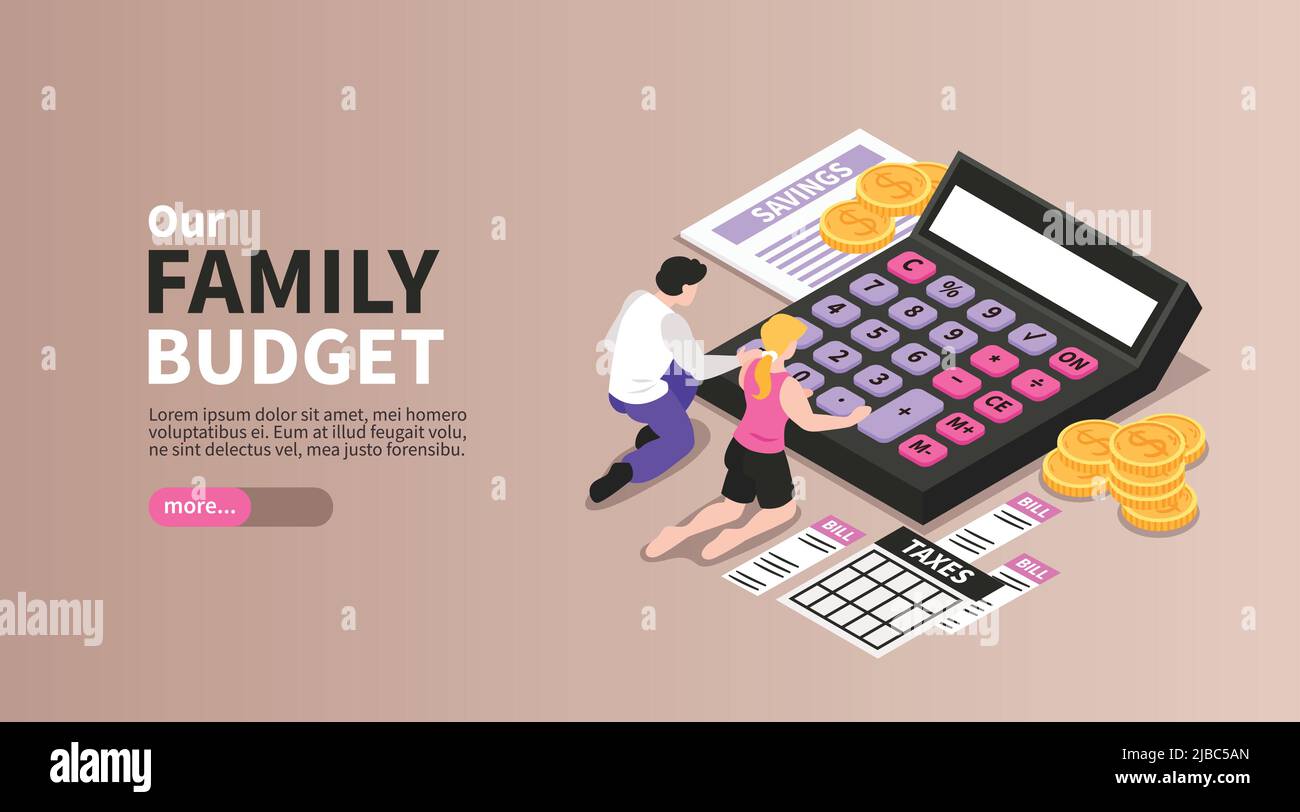 Familienbudget isometrisches horizontales Landing Page-Banner mit Paaren, die monatliche Einkommenssteuern berechnen, Einsparungskosten, Vektordarstellung Stock Vektor