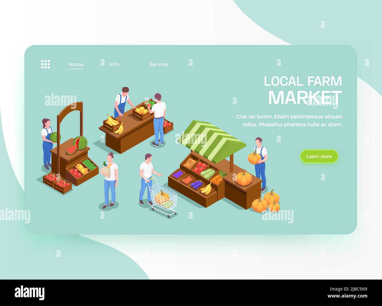 Lokale Bauern frische Bio-Produkte online bieten isometrische Landing Page mit Obst Gemüse Markt Stände Vektor-Illustration Stock Vektor