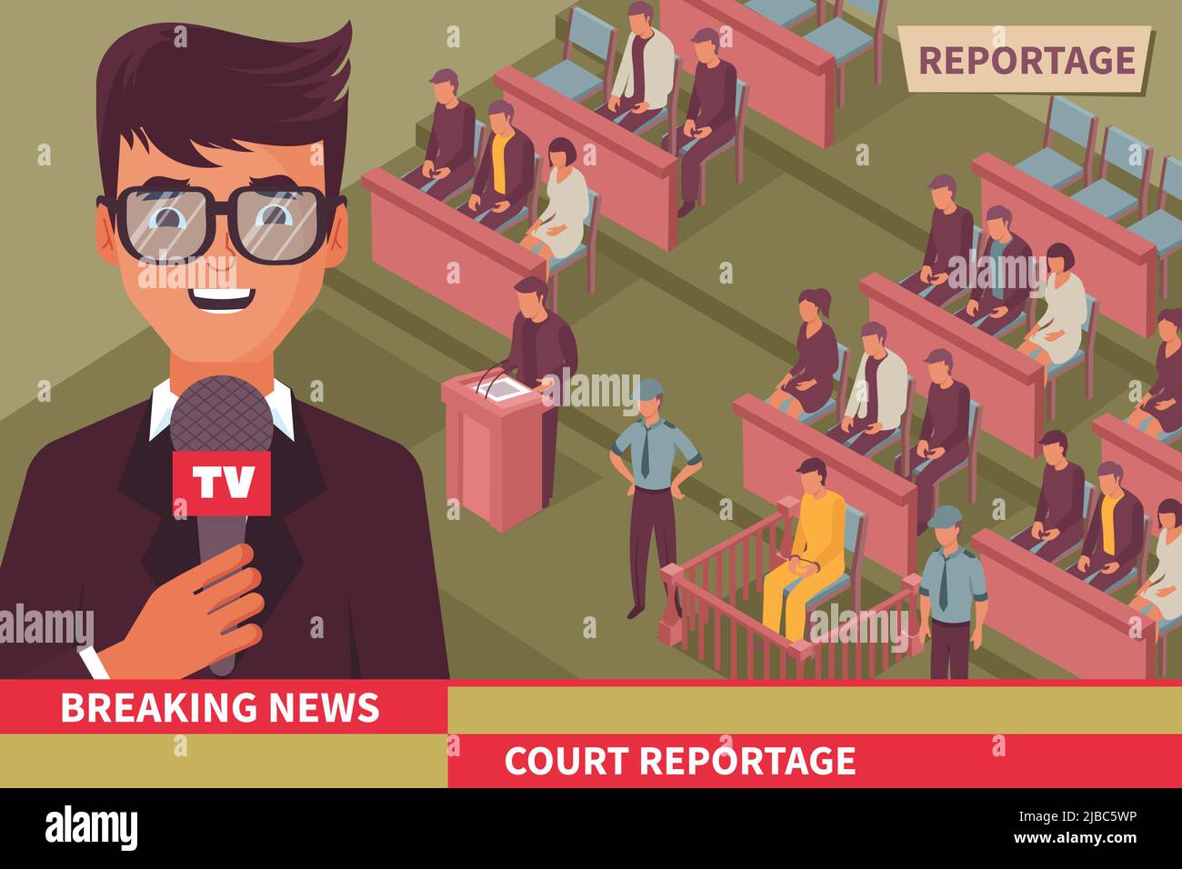Crime Breaking News isometrische Vektordarstellung mit TV-Reportage von Journalisten aus dem Gerichtssaal Stock Vektor