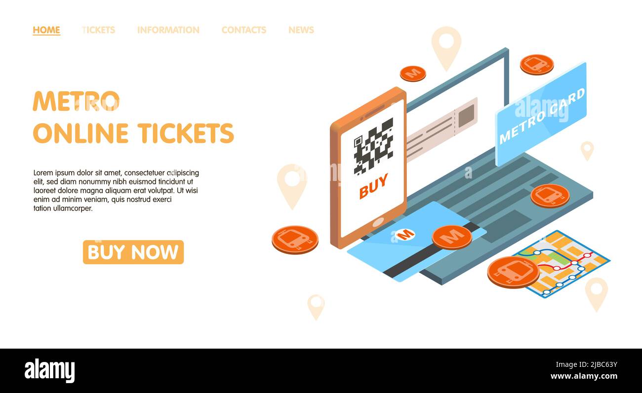 Metro Online-Tickets Seite Design mit Metro-Karten-Symbole isometrische Vektor-Illustration Stock Vektor