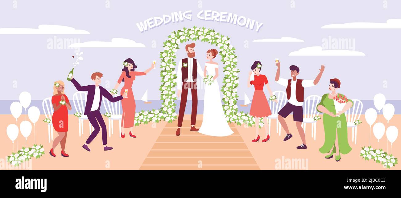 Hochzeitszeremonie am Strand mit gerade verheirateten Paar unter Hochzeitsbogen mit Blumen Vektor-Illustration dekoriert Stock Vektor