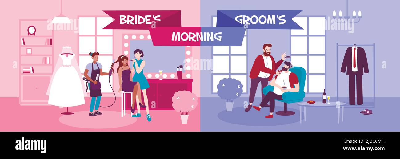 Morgenhochzeit Vorbereitungen im Friseurladen mit Braut und Bräutigam rasieren die Bart Vektor Illustration Stock Vektor