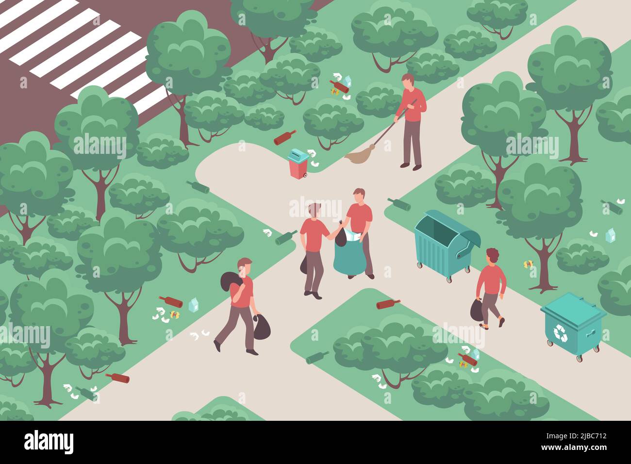 Community Arbeit Hintergrund mit Menschen sammeln Müll und Reinigungspfade im Park 3D isometrische Vektor-Illustration Stock Vektor