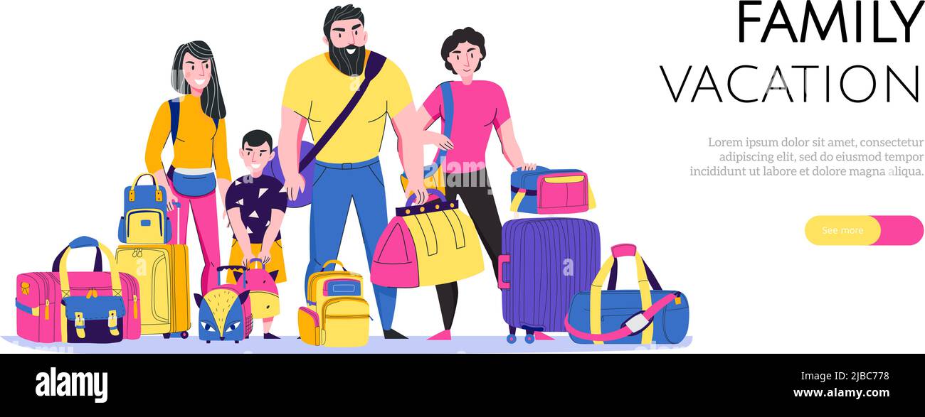 Horizontales Banner für Familienurlaub mit Reisetaschen-Typen, flache Vektorgrafik Stock Vektor
