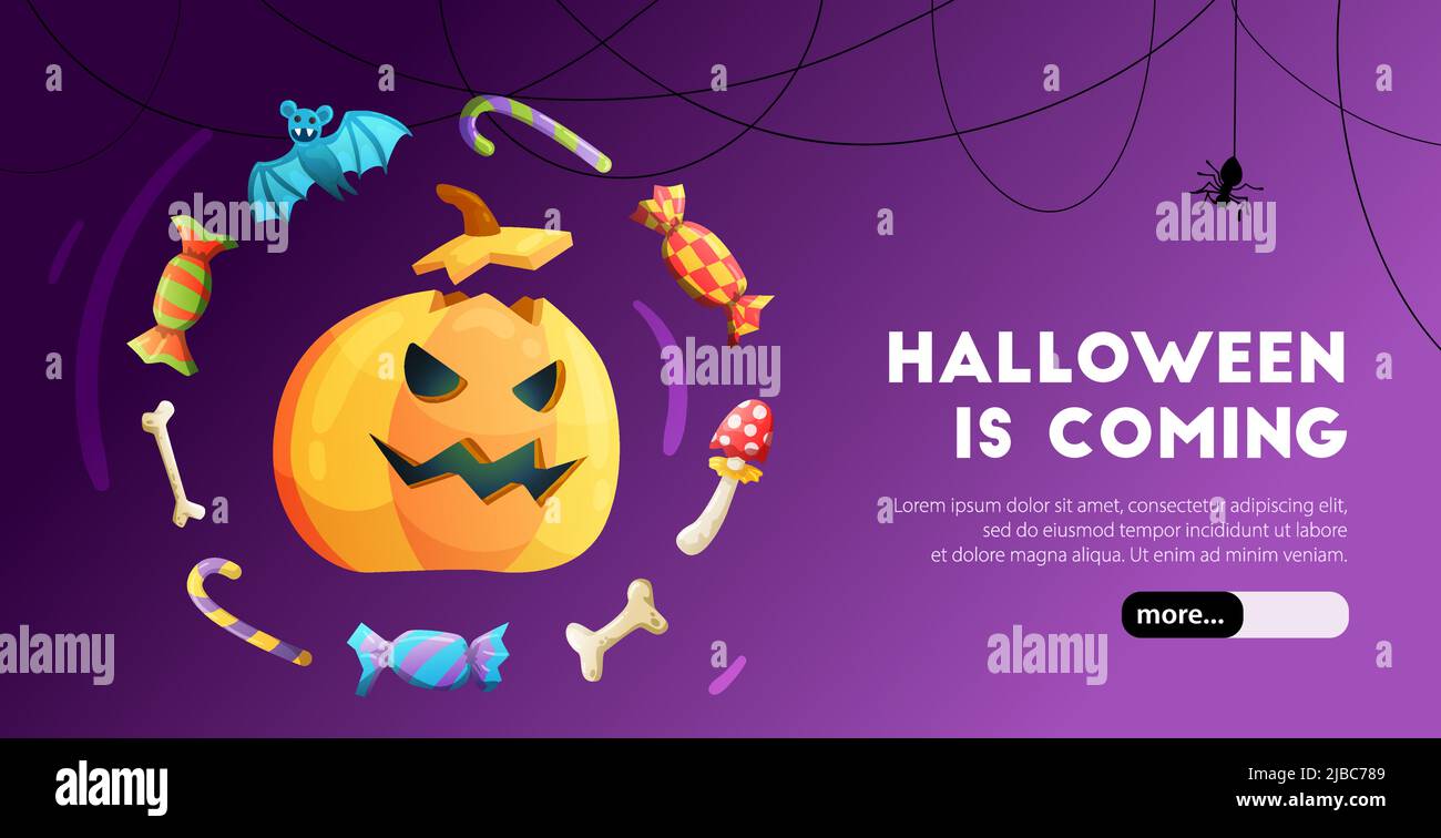 Halloween Feier bunte Web-Banner Landing Page mit Kürbis Kopf Fledermaus Knochen Komposition lila Hintergrund Vektor Illustration Stock Vektor