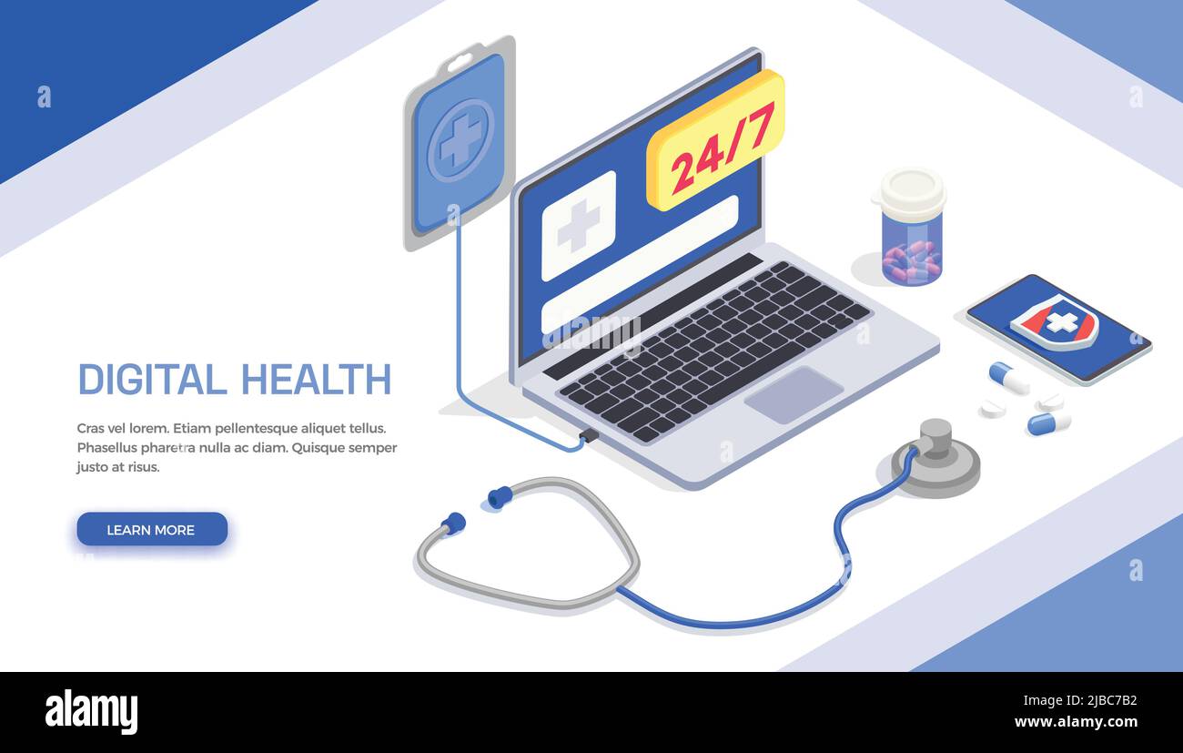 Telemedizinische digitale Gesundheit isometrisches Banner Hintergrund mit Text erfahren Sie mehr Taste und moderne elektronische Healthcare Gadgets Vektor-Illustration Stock Vektor