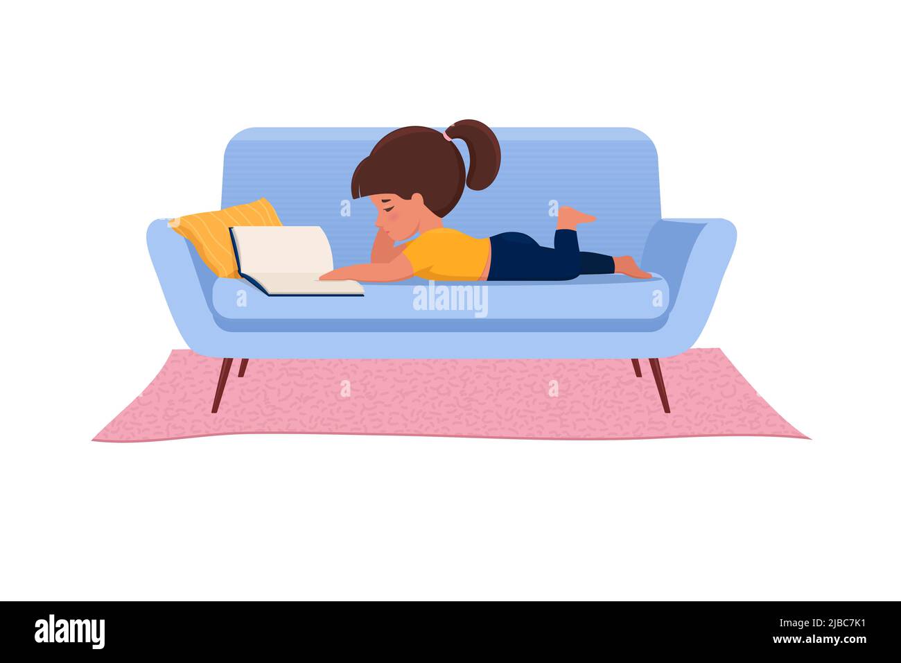 Das kleine Mädchen liegt auf dem Sofa und liest ein Buch Stock Vektor