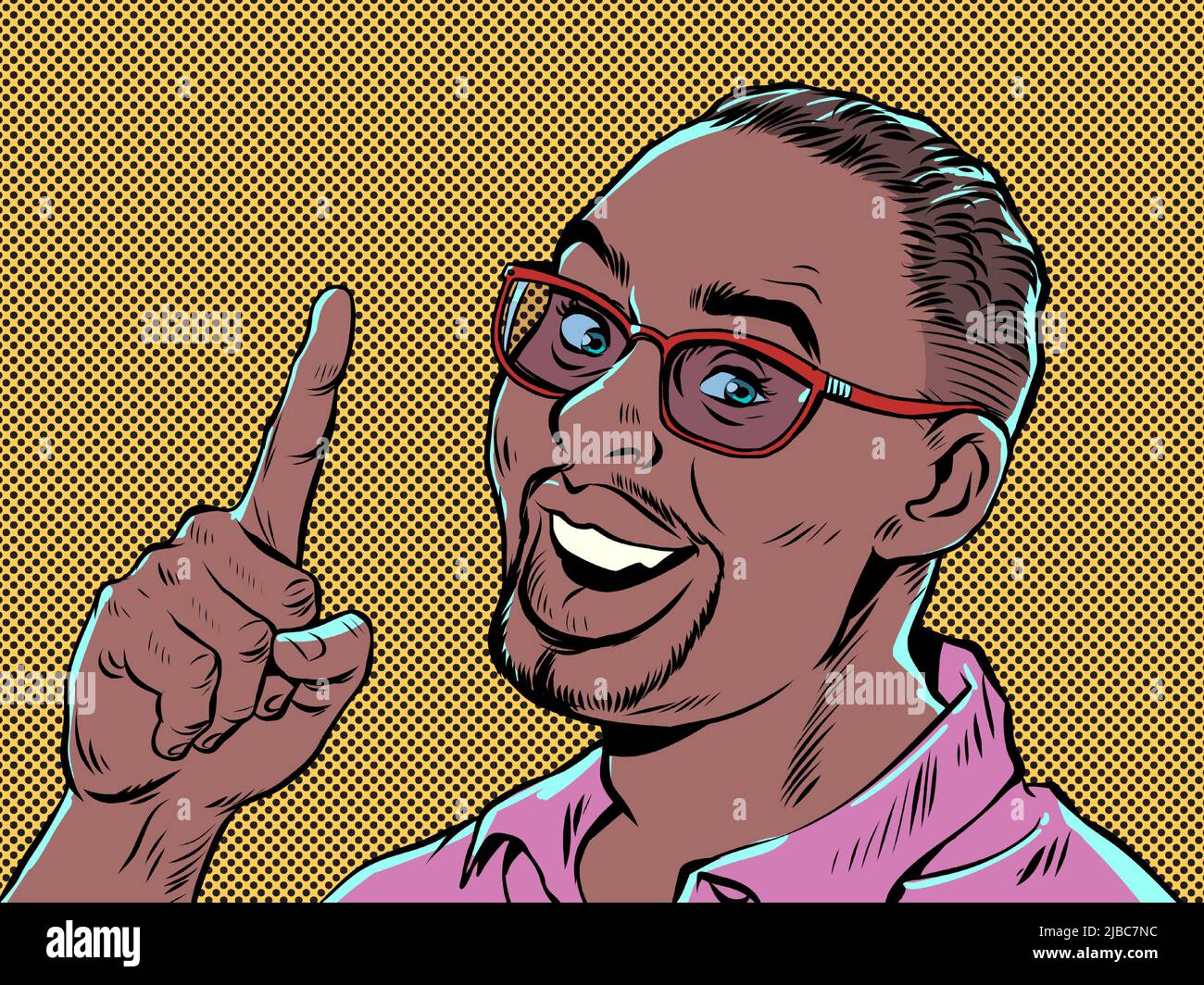 Schwarzer afrikanischer Mann Zeigefinger nach oben Geste, wichtige Informationen oder Werbekonzept. Pop Art retro Vektor Illustration Kitsch Vintage 50s 60s Stil Stock Vektor