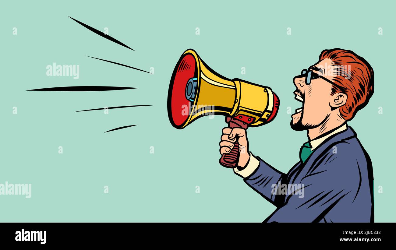 Mann mit Bullhorn-Megaphon-Lautsprecher. Werbung Ankündigung weinen Informationskonzept. Pop Art retro Vektor Illustration Kitsch vintage 50s 60s st Stock Vektor