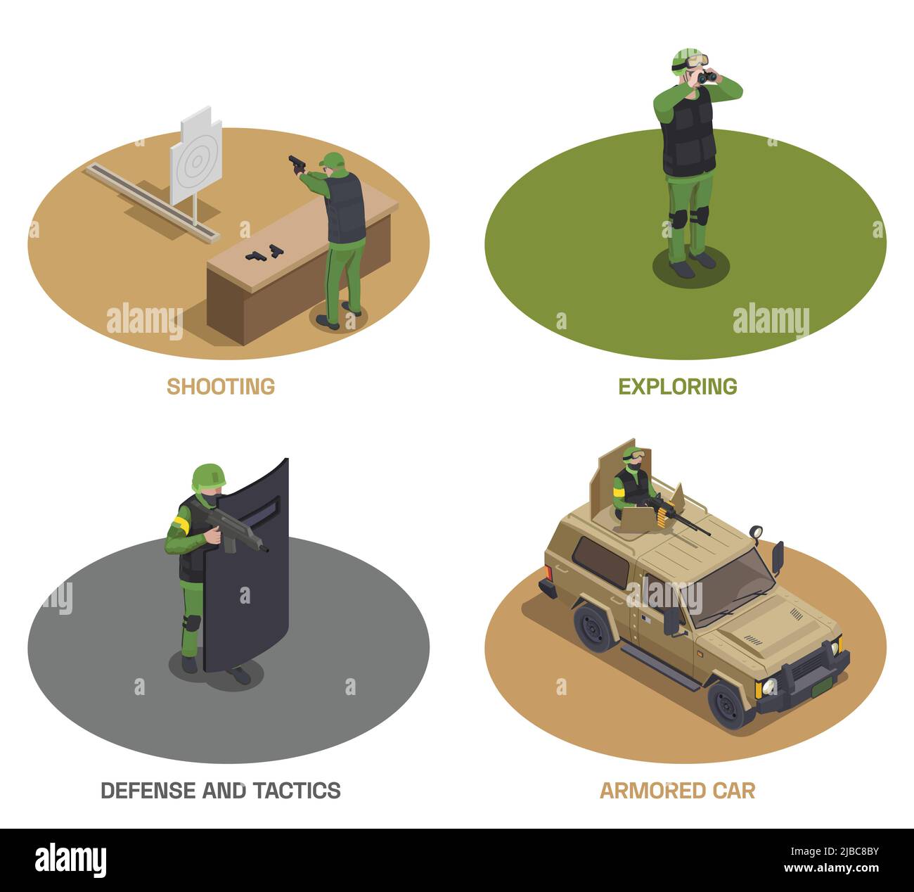 Armeewaffen Soldat isometrischer Satz von vier runden Kompositionen mit bewaffneten Spezialeinheiten Mitglieder und Auto-Vektor-Illustration Stock Vektor