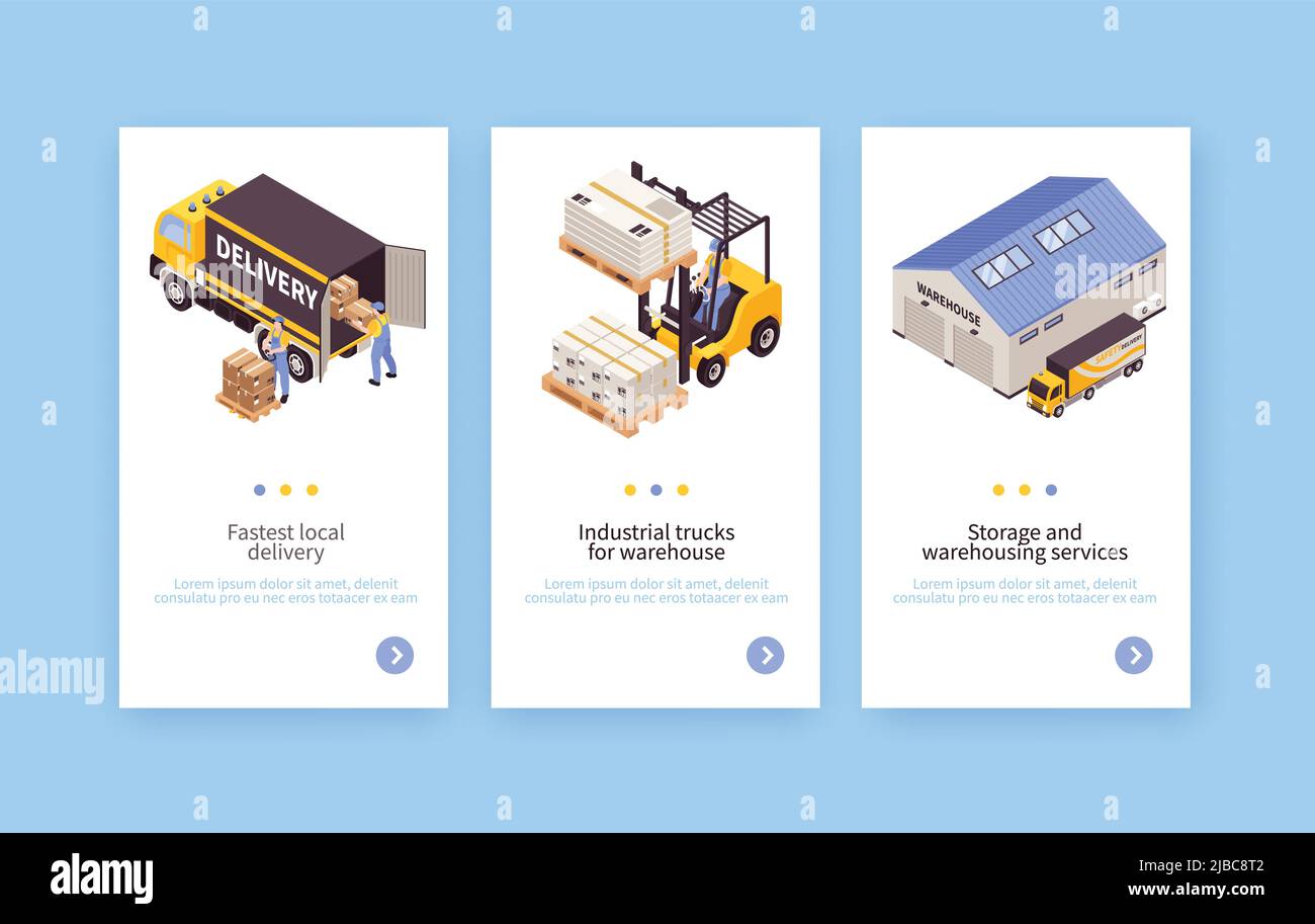 Lager Lagerung Pick Pack Lieferung Dienstleistungen Ausrüstung Transport Fahrzeuge 3 vertikale isometrische Banner Set isoliert Vektor-Illustration Stock Vektor