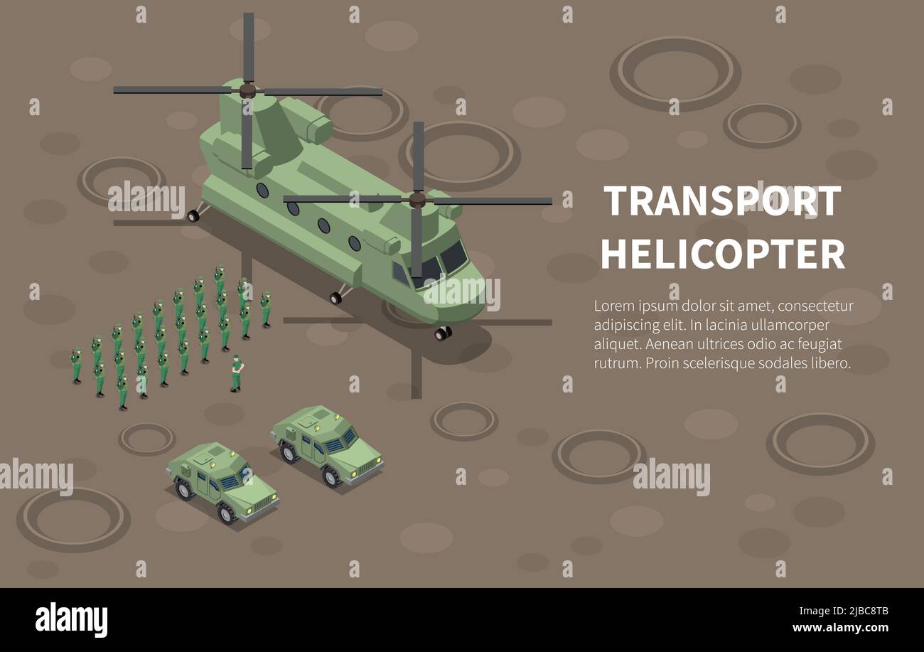 Militärische Luftwaffe Hubschrauber Transport Truppen Utility Cargo isometrische Zusammensetzung mit Infanterie-Regiment Bodenfahrzeuge Vektor-Illustration Stock Vektor