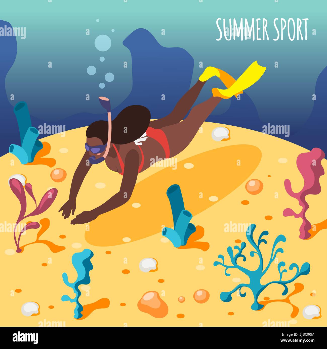 Sommer Sport isometrischen Hintergrund mit weiblichen Taucher beobachten marine Unterwasserleben Vektor-Illustration Stock Vektor