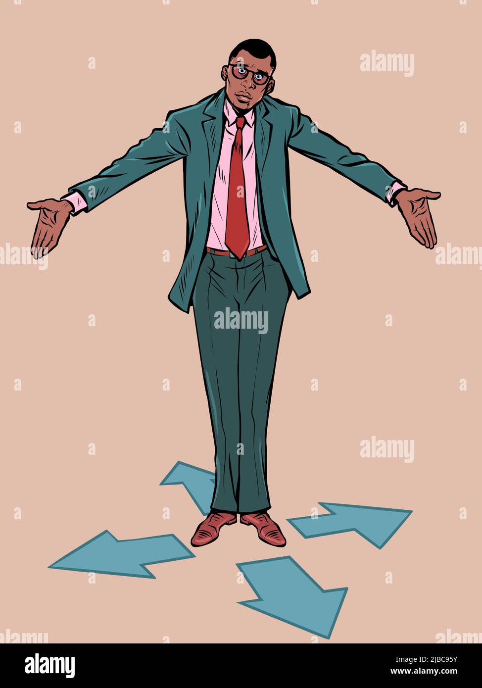 Spielcharaktersteuerung rechts links vorwärts zurück. Geschäftsmann an der Gabelung. Schwierige Entscheidung Stock Vektor