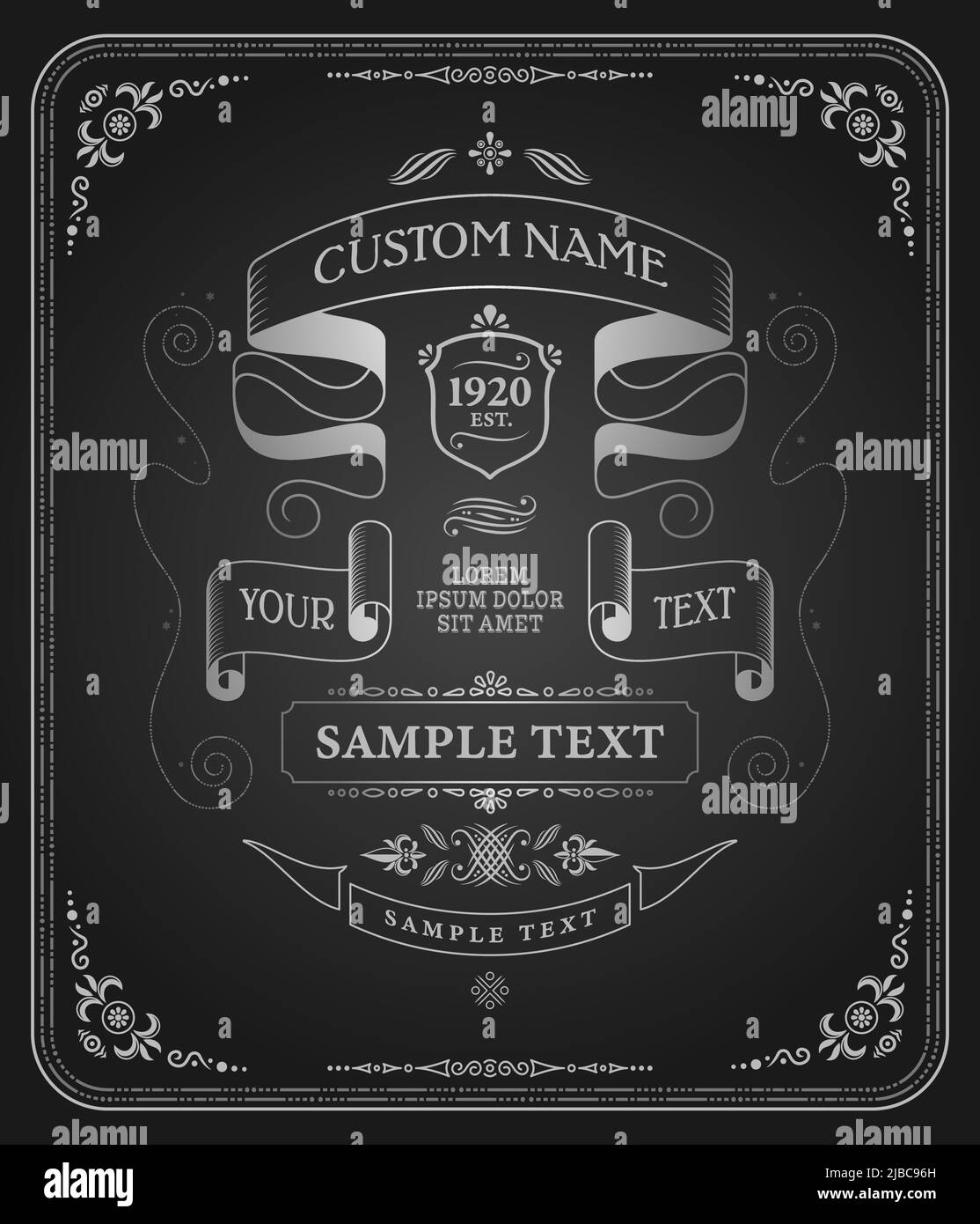 Vertikale Kreidetafel im Retro-Vintage-Design mit verzierten Rahmen und bearbeitbarem Text mit dekorativen Bändern Vektorgrafik Stock Vektor