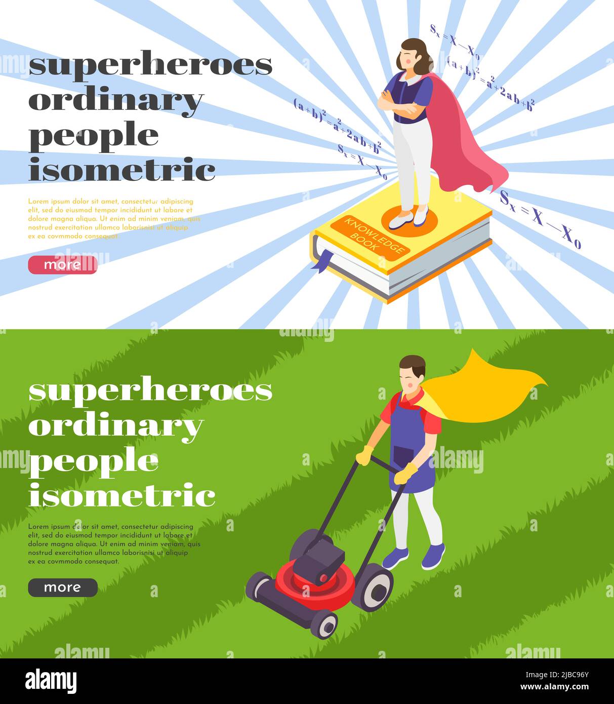 Gewöhnliche Menschen Superhelden 2 Hintergrund isometrische Web-Banner mit Wissenschaft Lehrer und Gärtner tragen Cape Vektor Illustration Stock Vektor