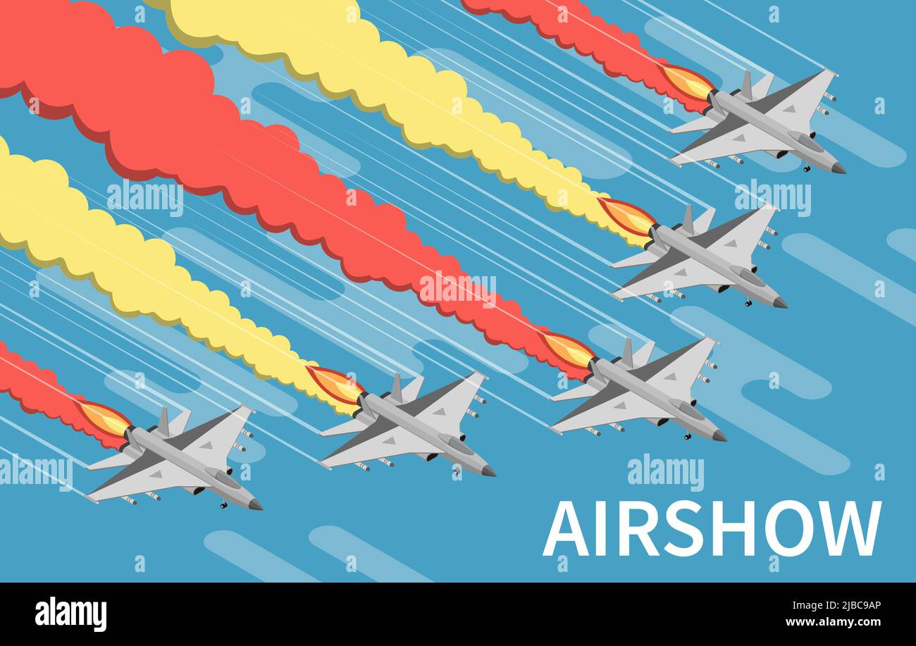 Militärische Airshow Flugzeuge Malerei Himmel mit rot gelben Spuren isometrische Draufsicht blauen Hintergrund Vektor-Illustration Stock Vektor
