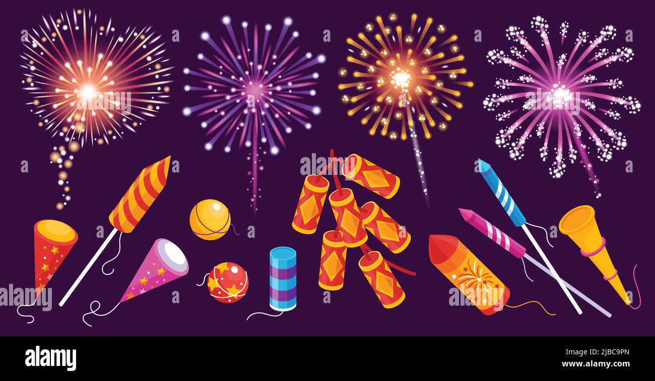 Feuerwerk Raketen Feuerwerkskörper bengallichter Rauchkugeln funkeln farbenfrohe festliche Kulisse vor dunkelviolettem Hintergrund Vektor-Illustration Stock Vektor