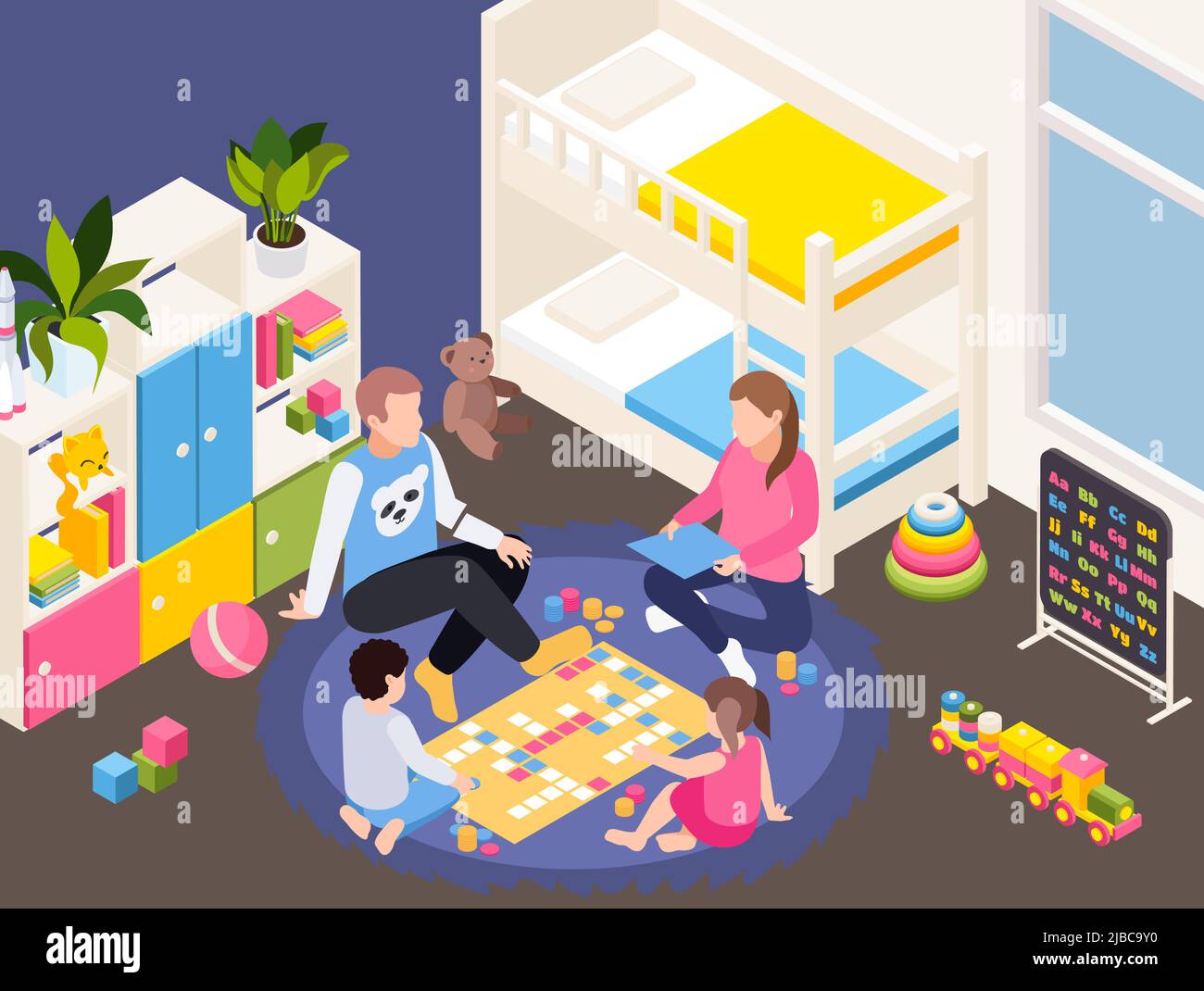 Haushalt Quarantäne Isolation isometrische Zusammensetzung mit Familie zu Hause bleiben Spielen mit Kindern im Kinderzimmer Vektor-Illustration Stock Vektor