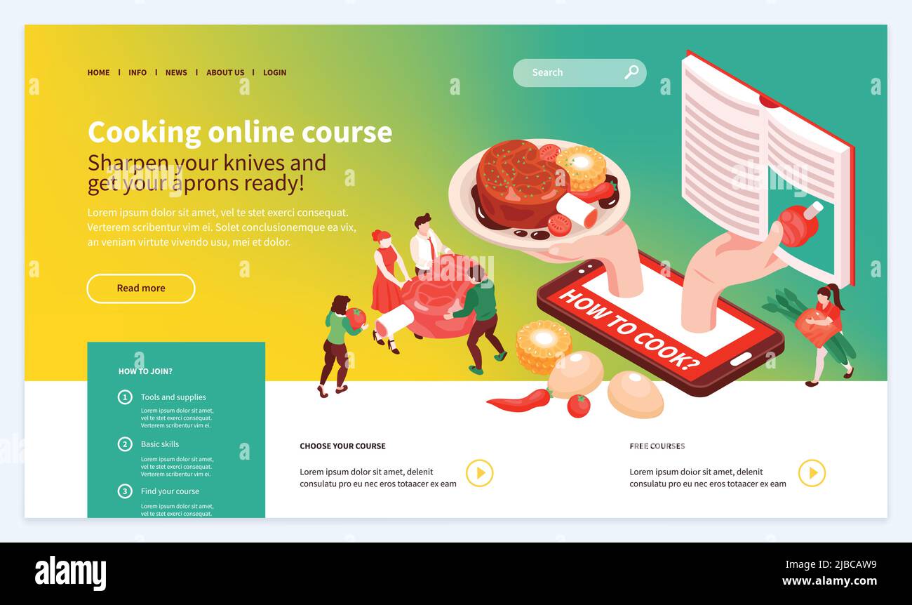 Skill Building online Kochschule isometrische Web Landing Page Design mit appetitlich Gericht Zutaten Rezept Vektor Illustration Stock Vektor