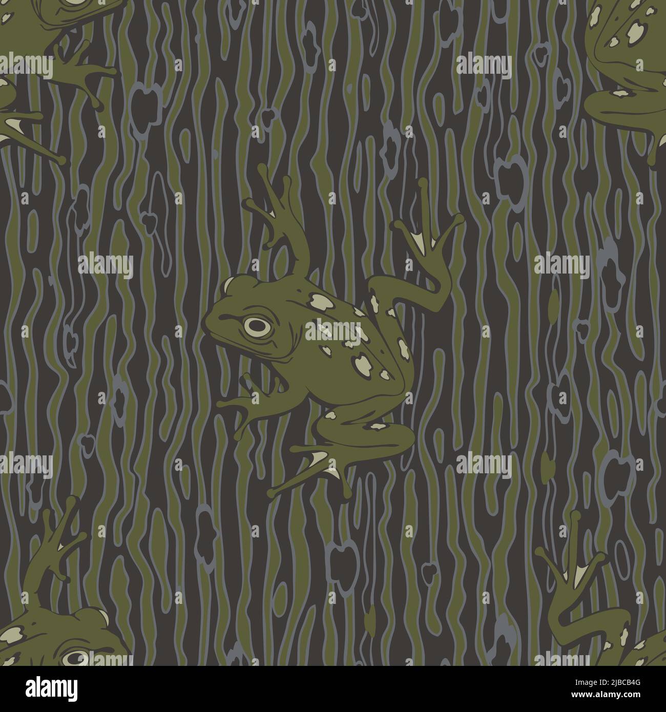 Nahtloses Vektor-Muster mit Baumfrosch auf braunem Hintergrund. Einfache Tier Textur Tapete Design. Dekorative Camouflage Mode Textil. Stock Vektor