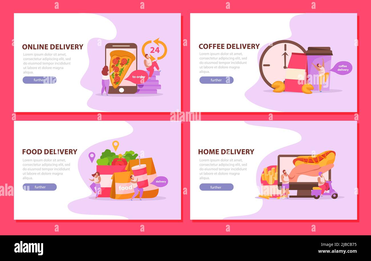 Food Delivery 4x1 Satz von horizontalen Banner mit Bildern von elektronischen Gadgets Fastfood-Bilder und Text-Vektor-Illustration Stock Vektor