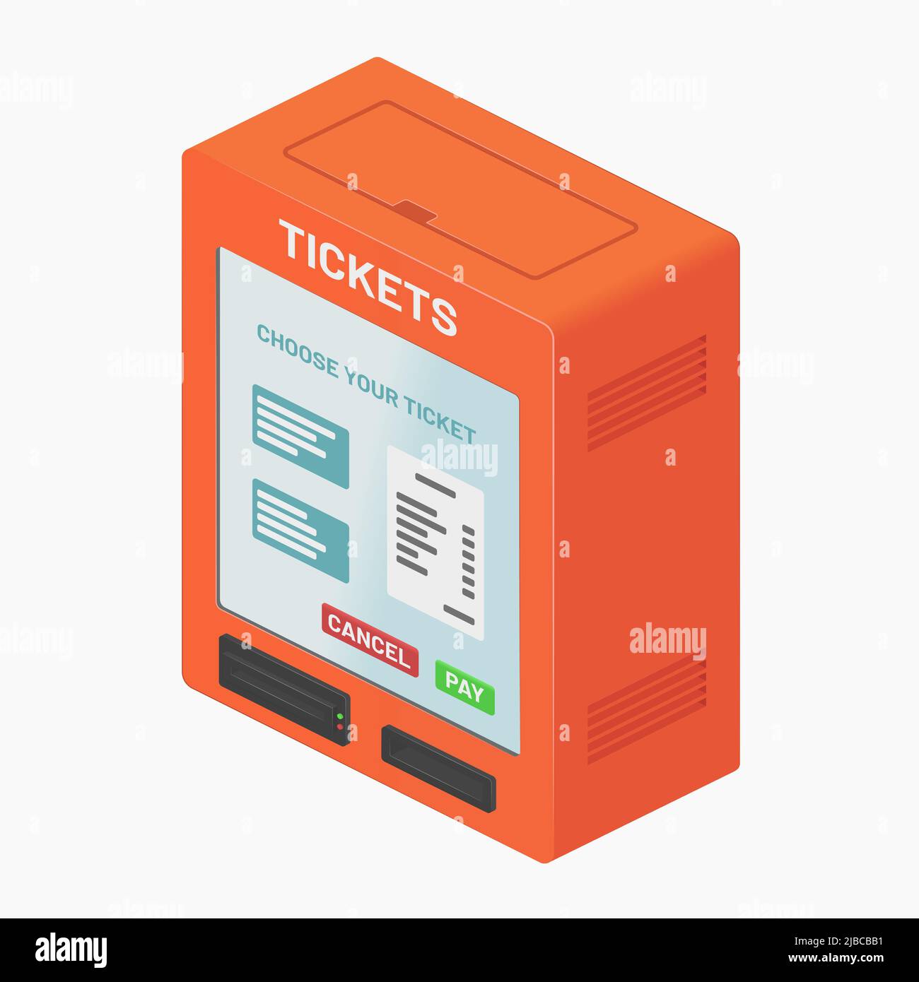 Isometrisches orangefarbenes Ticketautomaten, atm, isolierte Vektordarstellung Stock Vektor