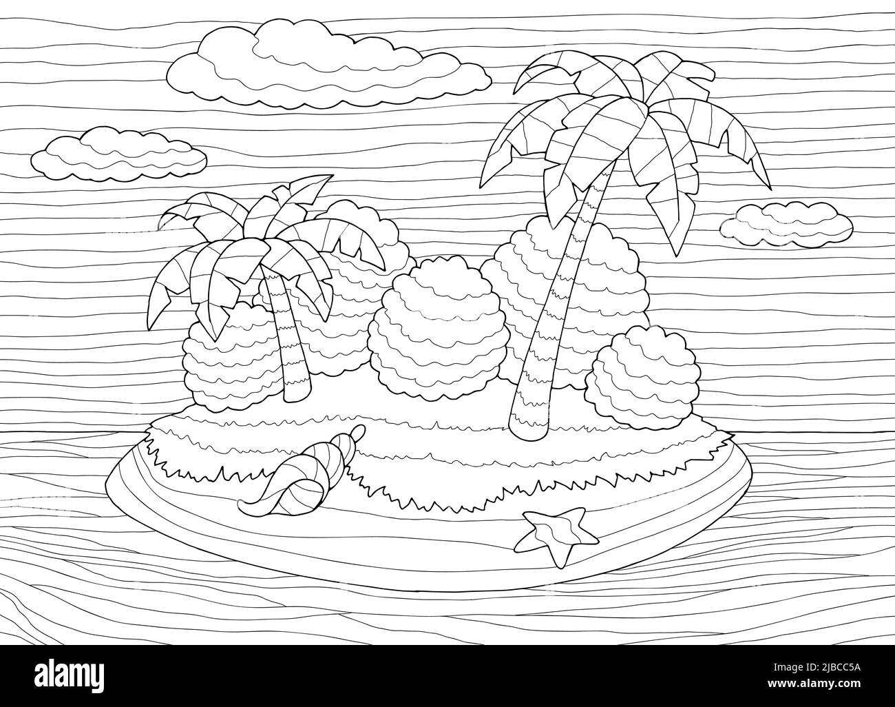 Insel Färbung Grafik schwarz weiß Landschaft Skizze Illustration Vektor Stock Vektor