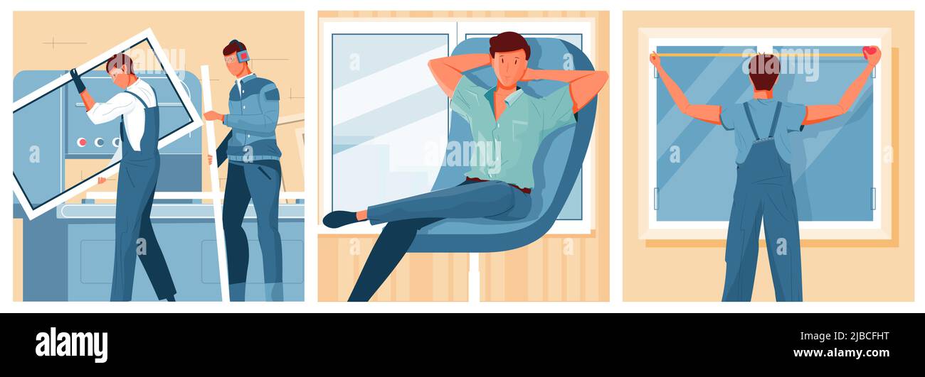 Männer installieren neue moderne Kunststoff-Fenster und zufriedene Kunden sitzen in Sessel flach isoliert Vektor-Illustration Stock Vektor