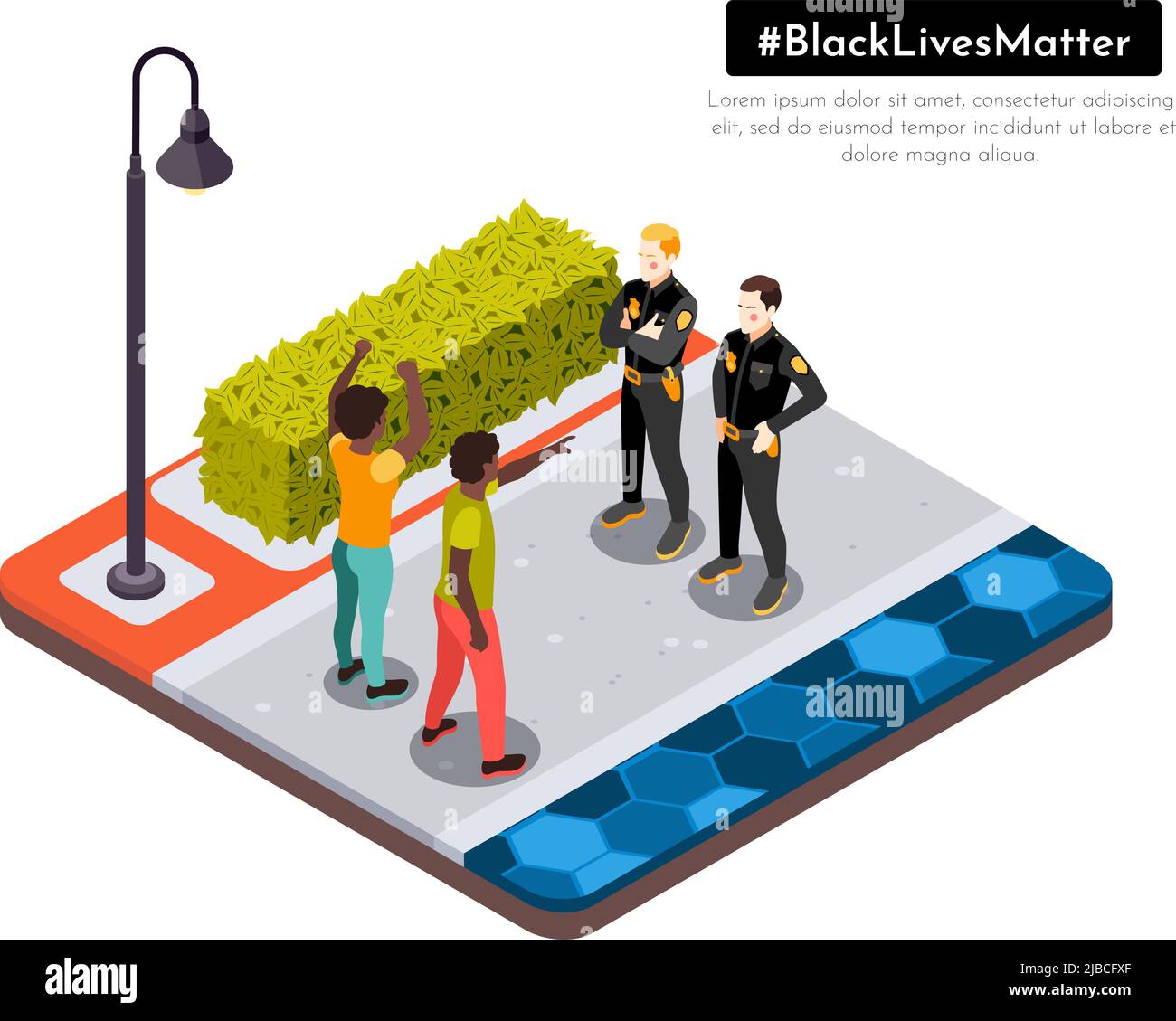 Schwarze Leben Materie Bewegung rassische Ungerechtigkeit Straße Demonstranten konfrontieren Polizei isometrische Hintergrund Zusammensetzung Vektor Illustration Stock Vektor